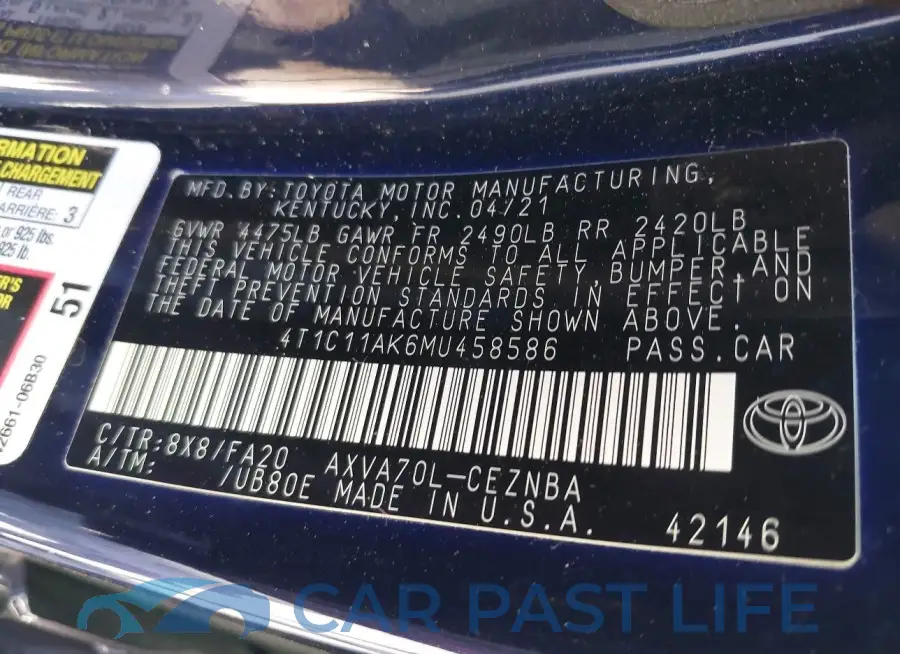 4T1C11AK6MU458586# 9