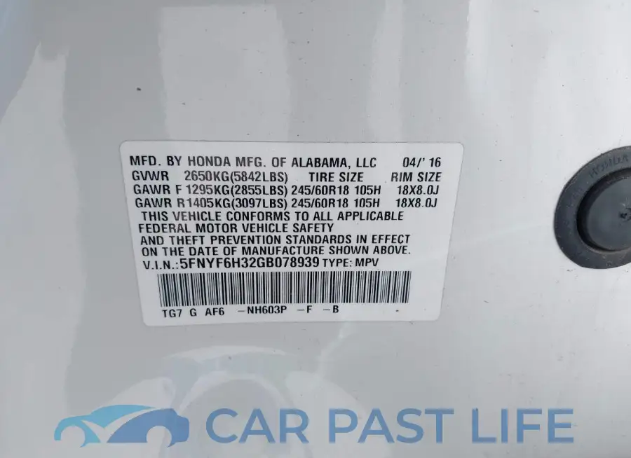 5FNYF6H32GB078939# 9