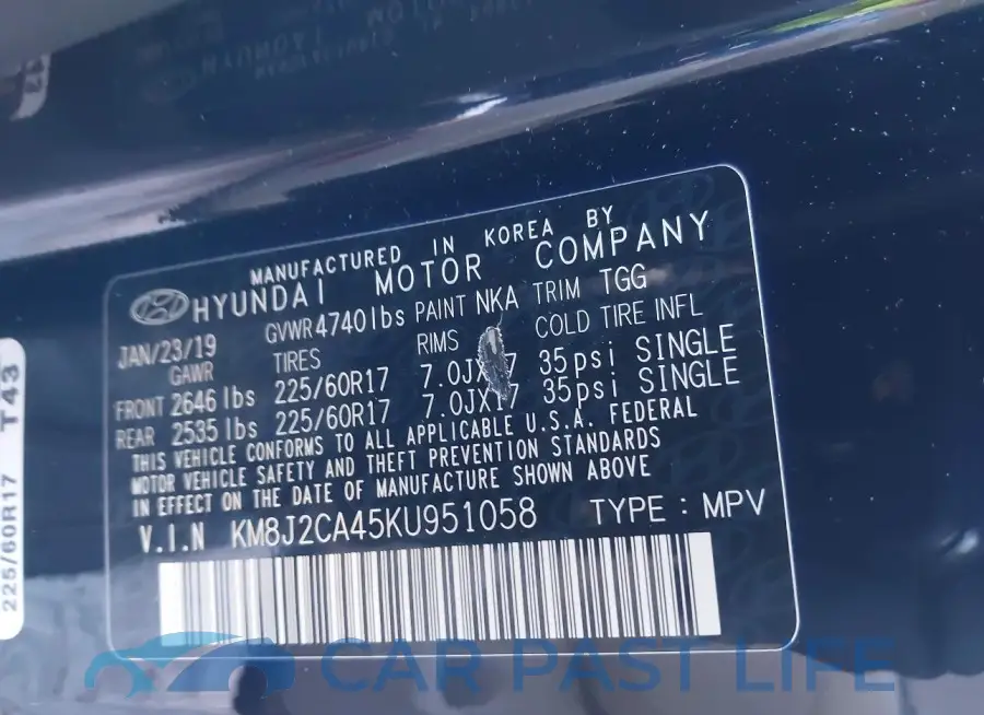 KM8J2CA45KU951058# 9