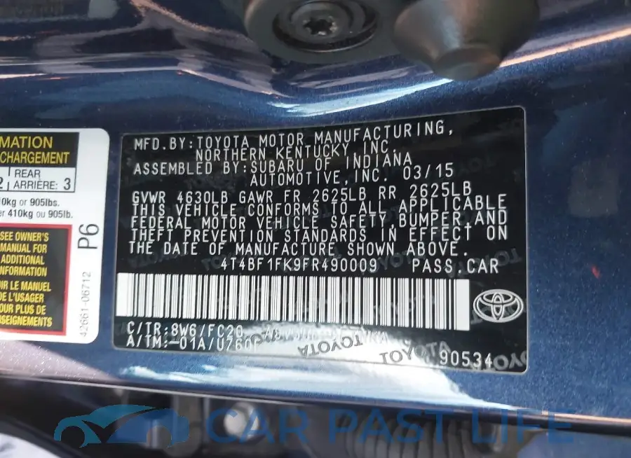 4T4BF1FK9FR490009# 9