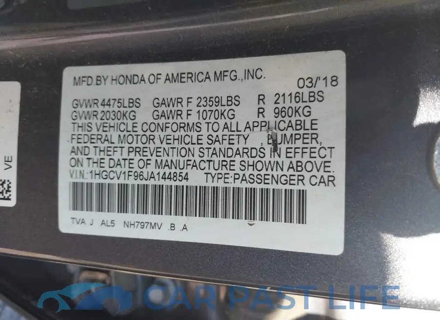 1HGCV1F96JA144854# 9