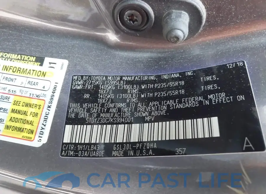 5TDYZ3DC7KS994001# 9