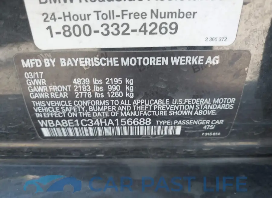 WBA8E1C34HA156688# 9