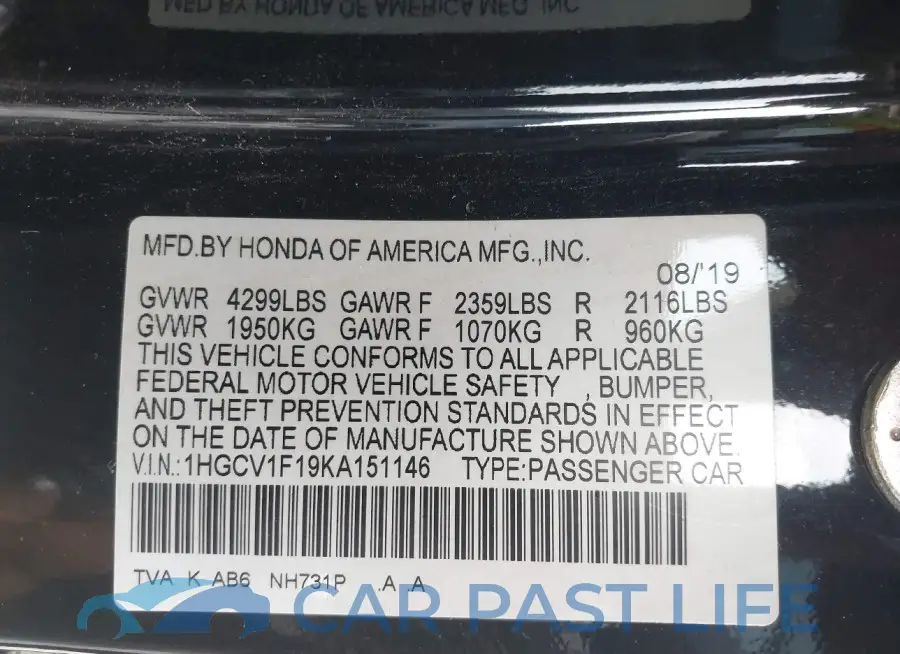 1HGCV1F19KA151146# 9