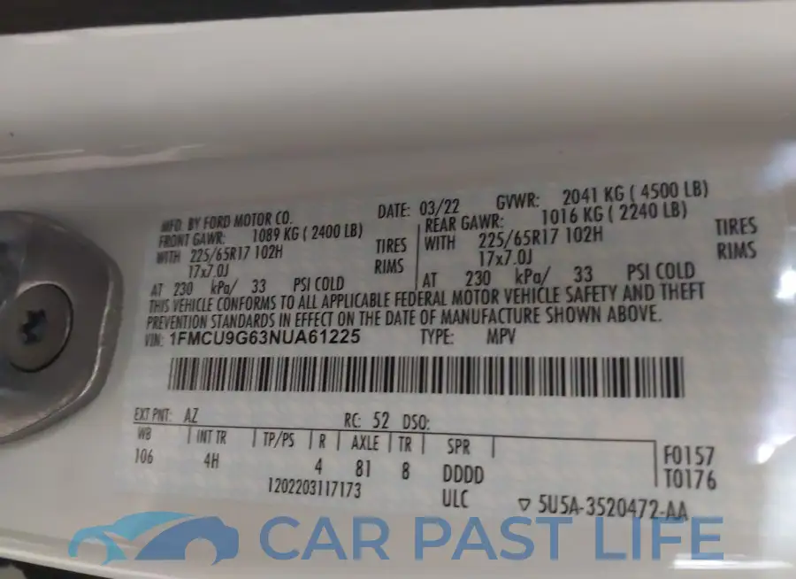 1FMCU9G63NUA61225# 9