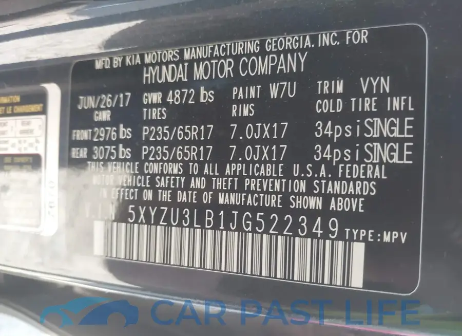 5XYZU3LB1JG522349# 9