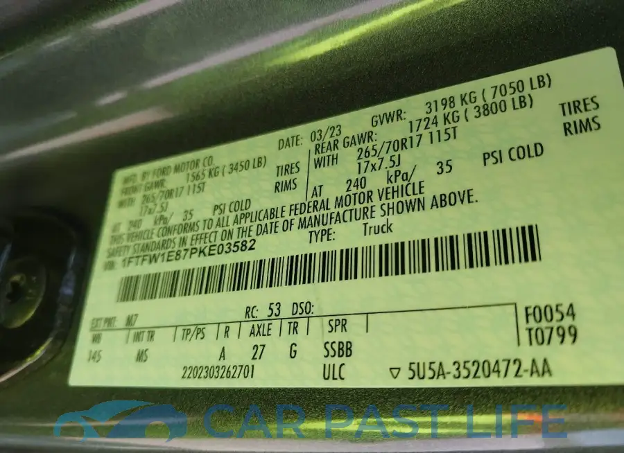 1FTFW1E87PKE03582# 9