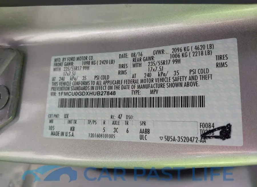 1FMCU0GDXHUB27848# 9