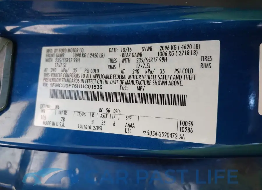 1FMCU0F76HUC01536# 9