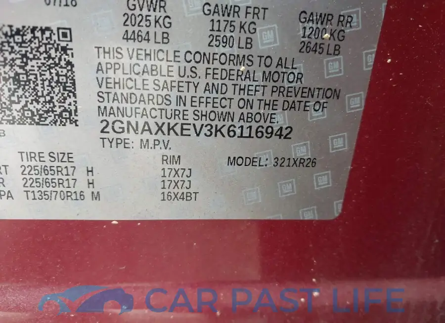 2GNAXKEV3K6116942# 9
