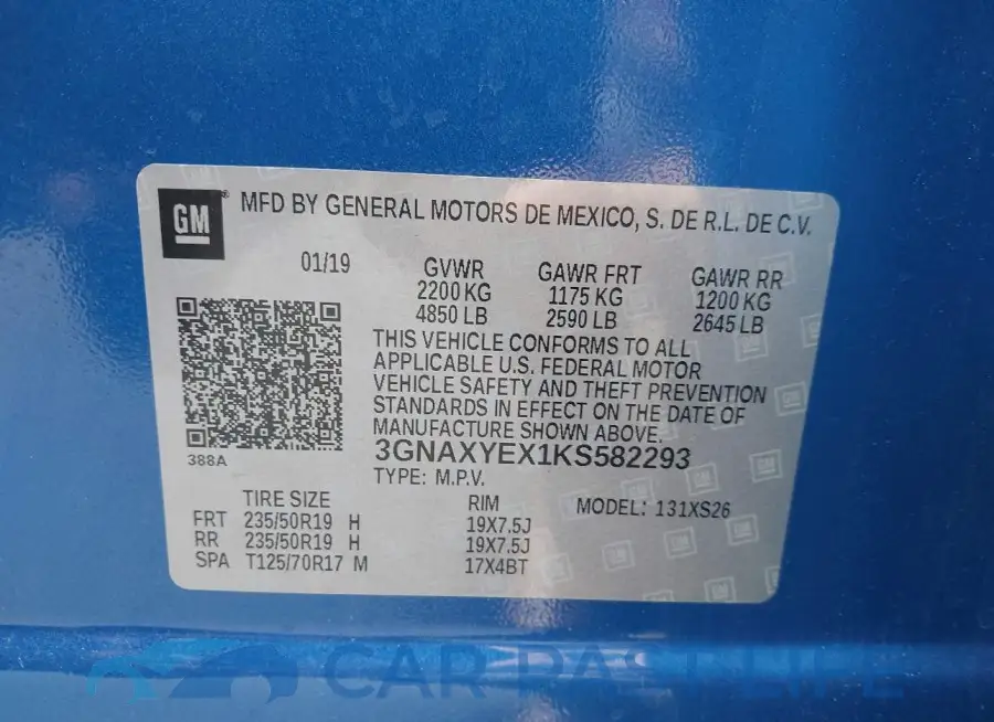 3GNAXYEX1KS582293# 9