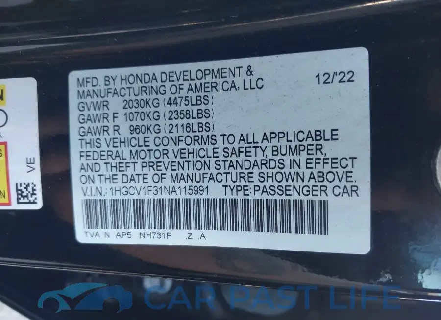 1HGCV1F31NA115991# 9
