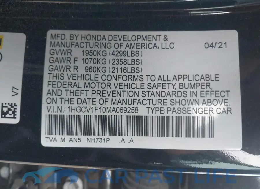 1HGCV1F10MA069258# 9