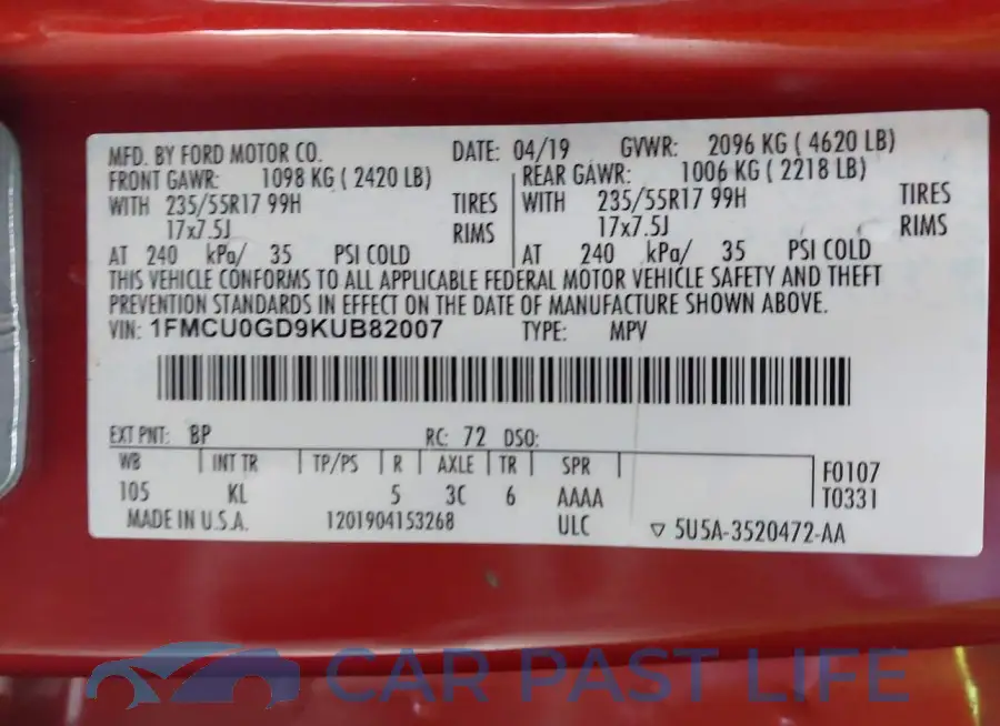 1FMCU0GD9KUB82007# 9