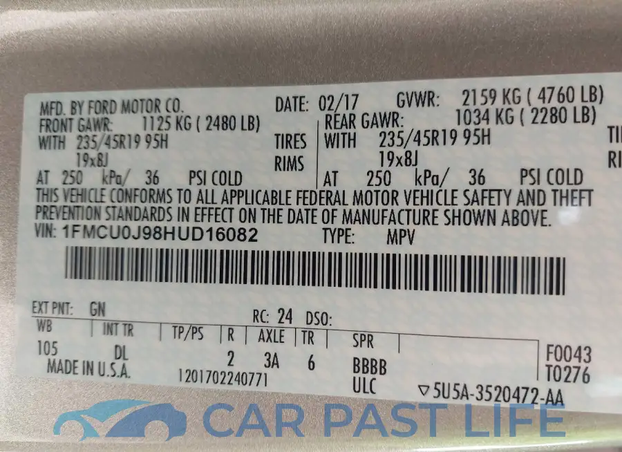 1FMCU0J98HUD16082# 9