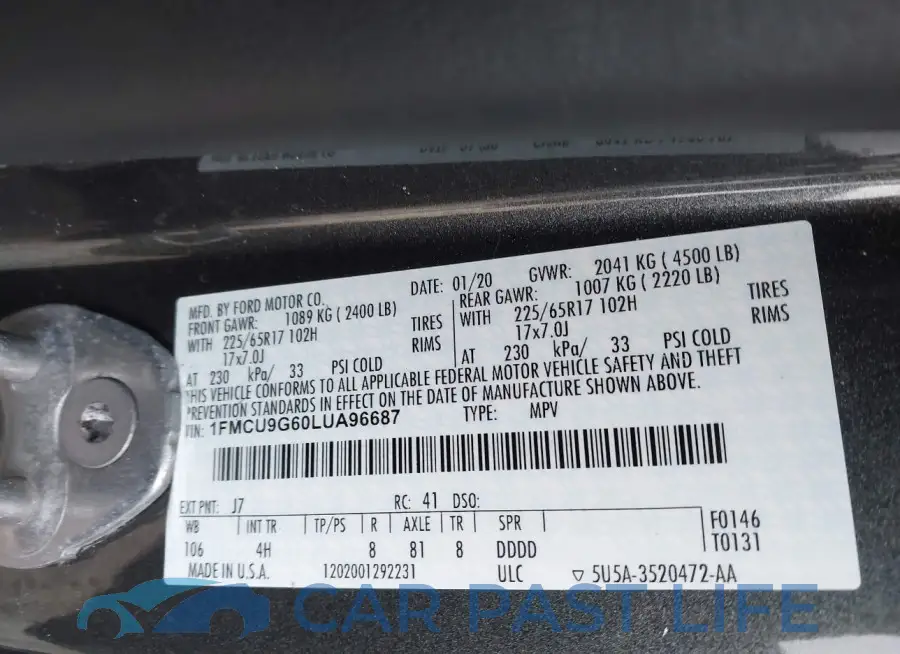 1FMCU9G60LUA96687# 9