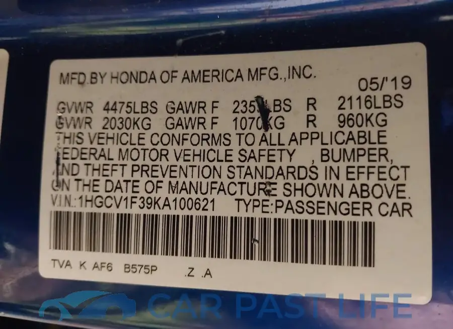 1HGCV1F39KA100621# 9