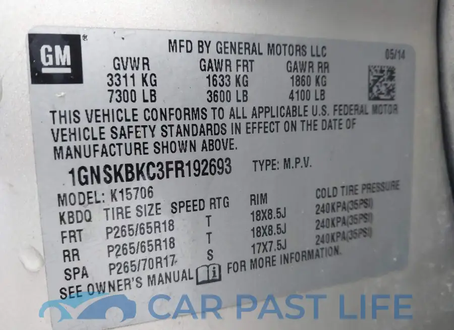 1GNSKBKC3FR192693# 9