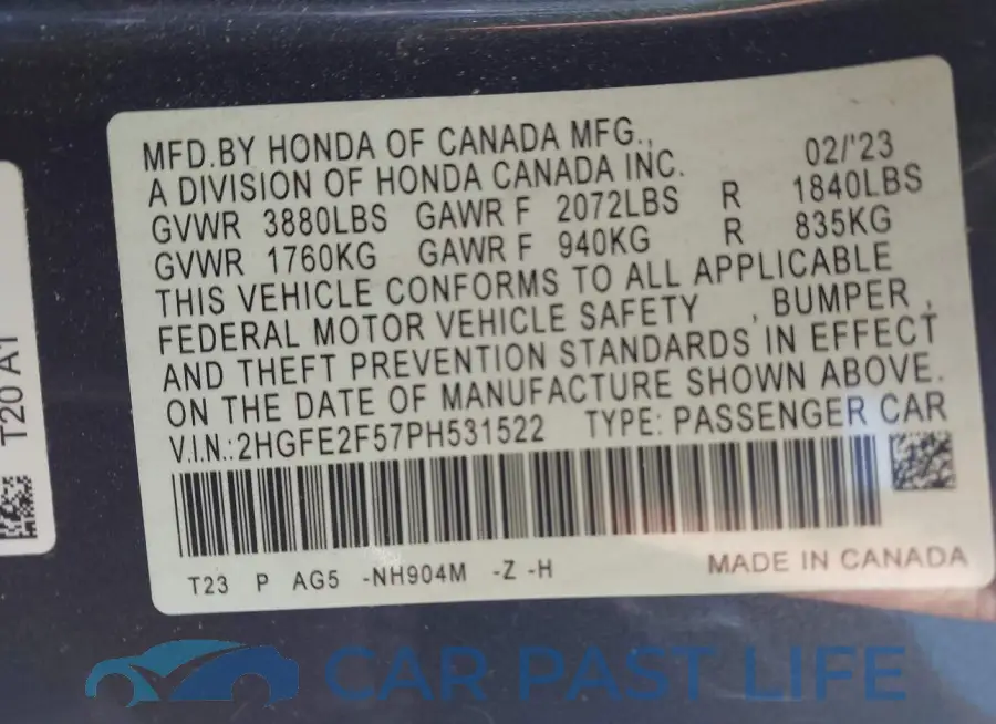 2HGFE2F57PH531522# 9