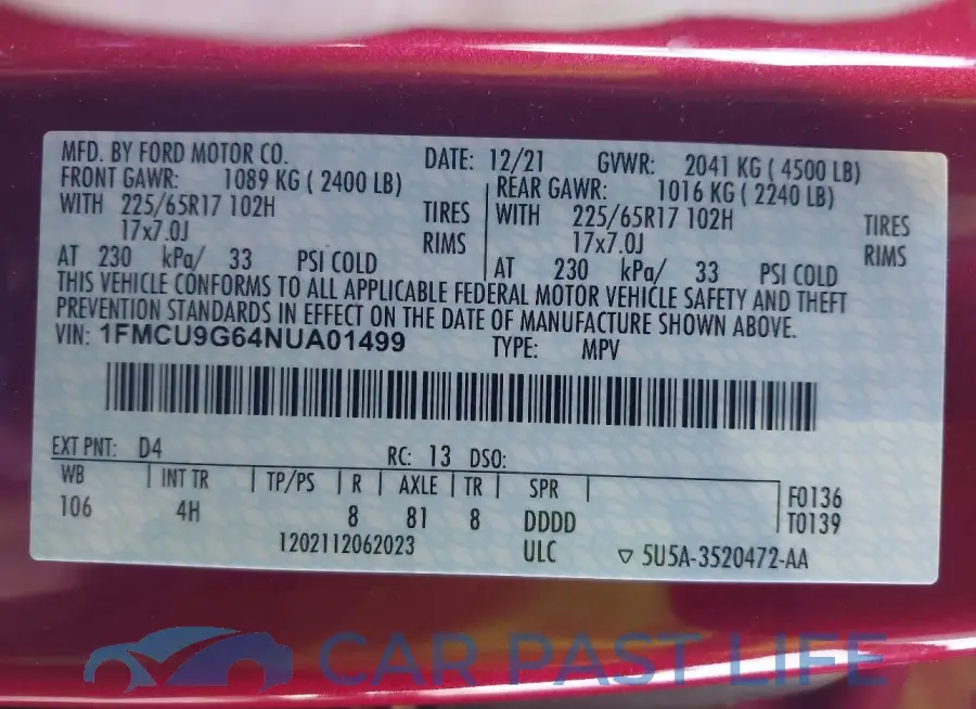 1FMCU9G64NUA01499# 9