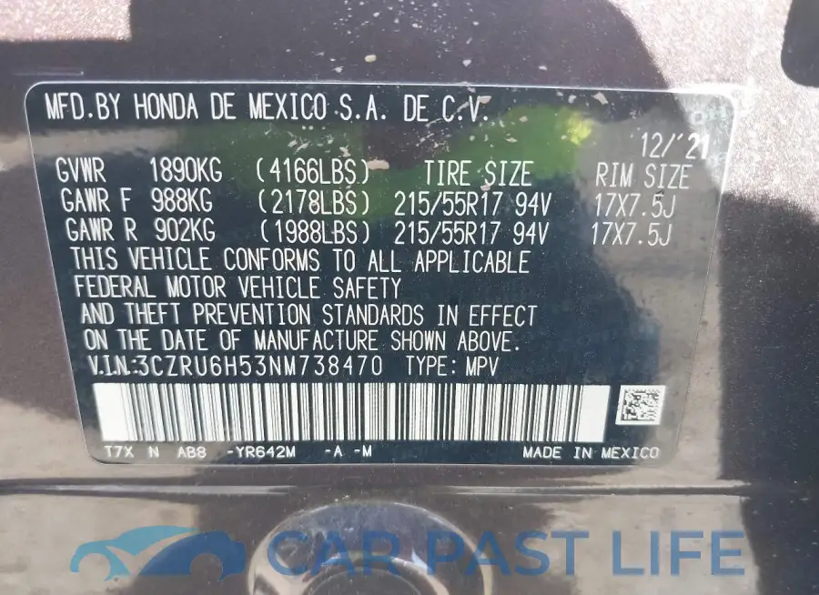 3CZRU6H53NM738470# 9