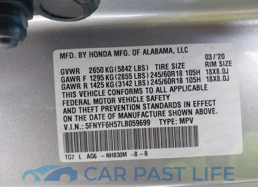5FNYF6H57LB059699# 9