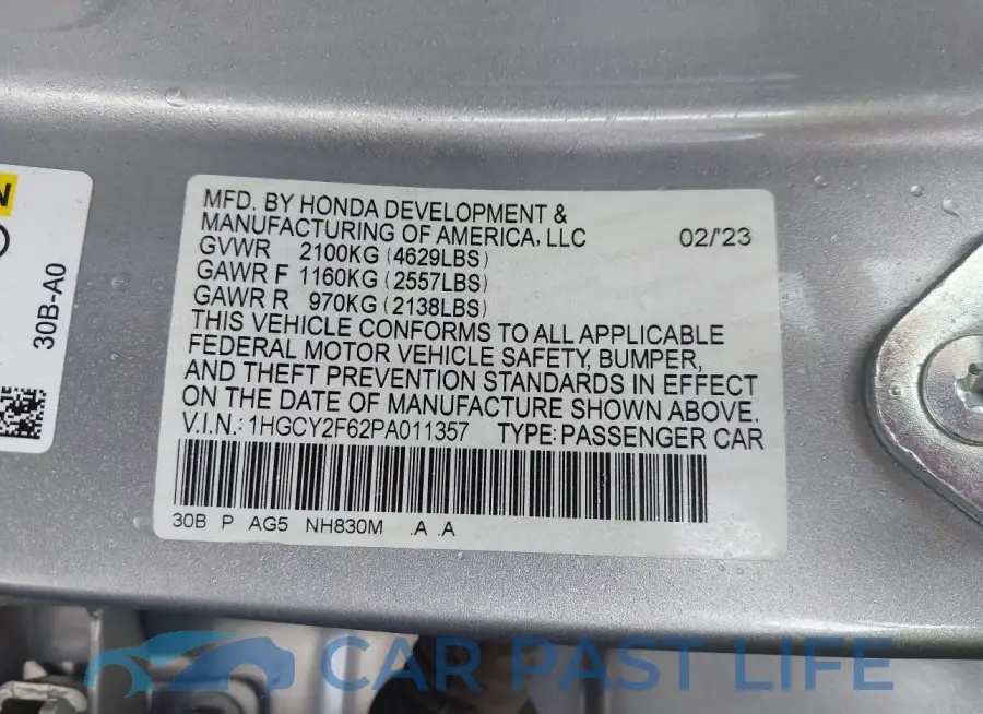 1HGCY2F62PA011357# 9
