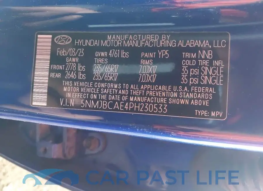 5NMJBCAE4PH230533# 9