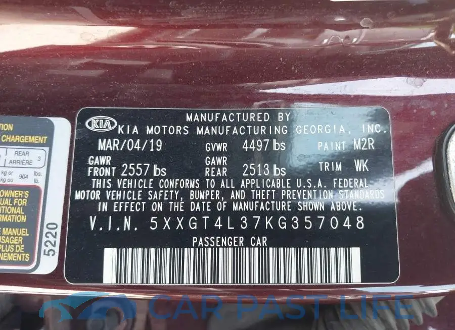 5XXGT4L37KG357048# 9