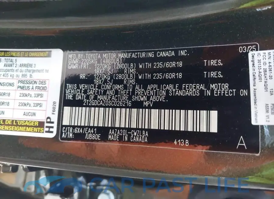 2T2GDCAZ0SC026216# 9