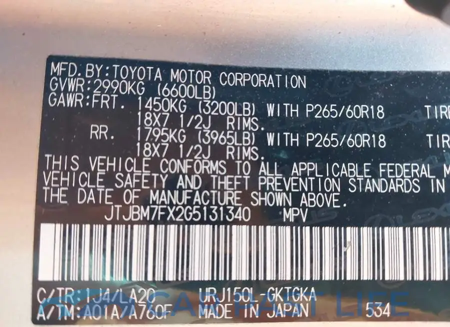 JTJBM7FX2G5131340# 9