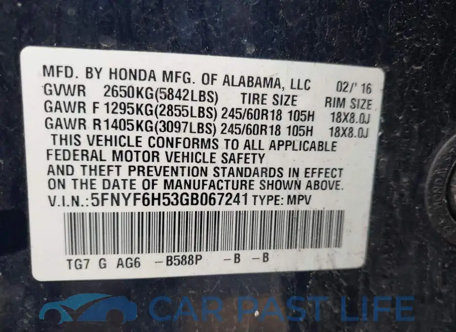 5FNYF6H53GB067241# 9