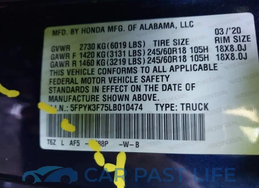 5FPYK3F75LB010474# 9