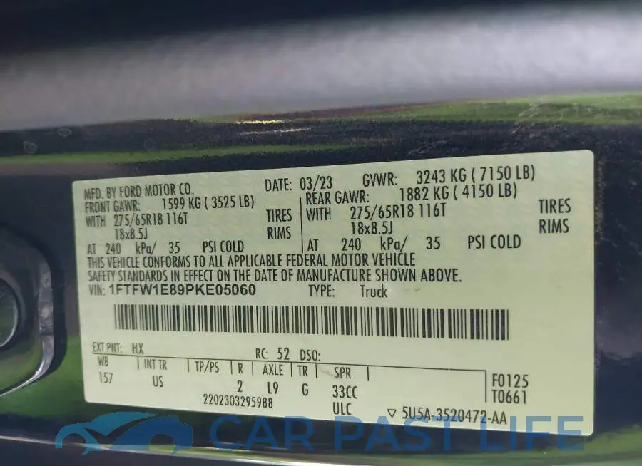 1FTFW1E89PKE05060# 9
