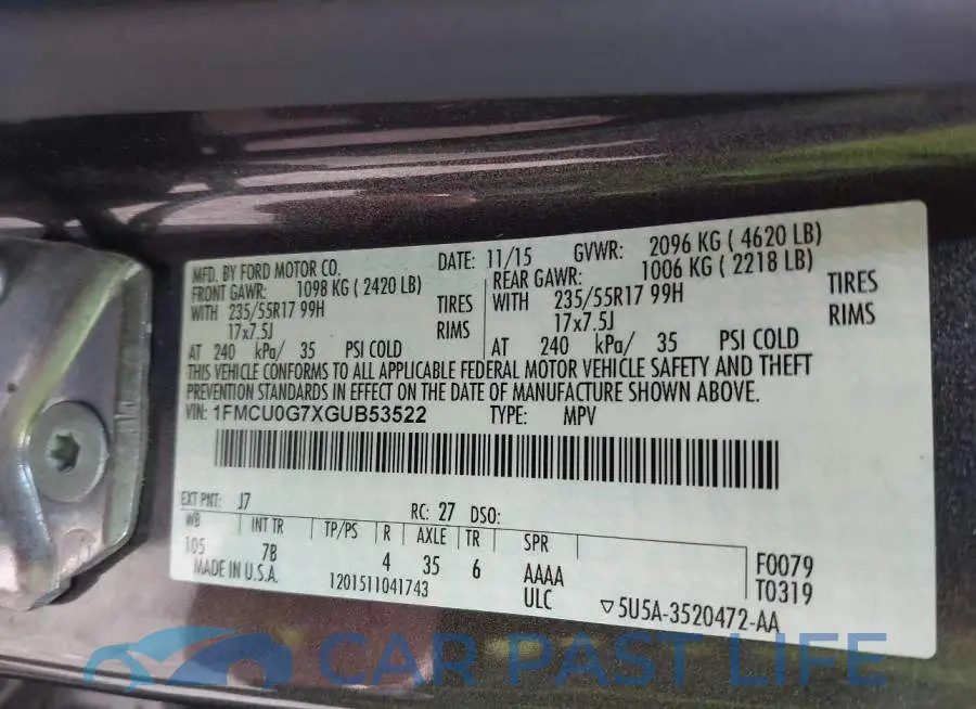 1FMCU0G7XGUB53522# 9