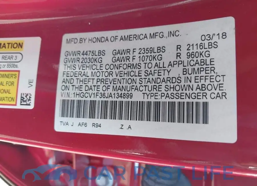 1HGCV1F36JA134899# 9