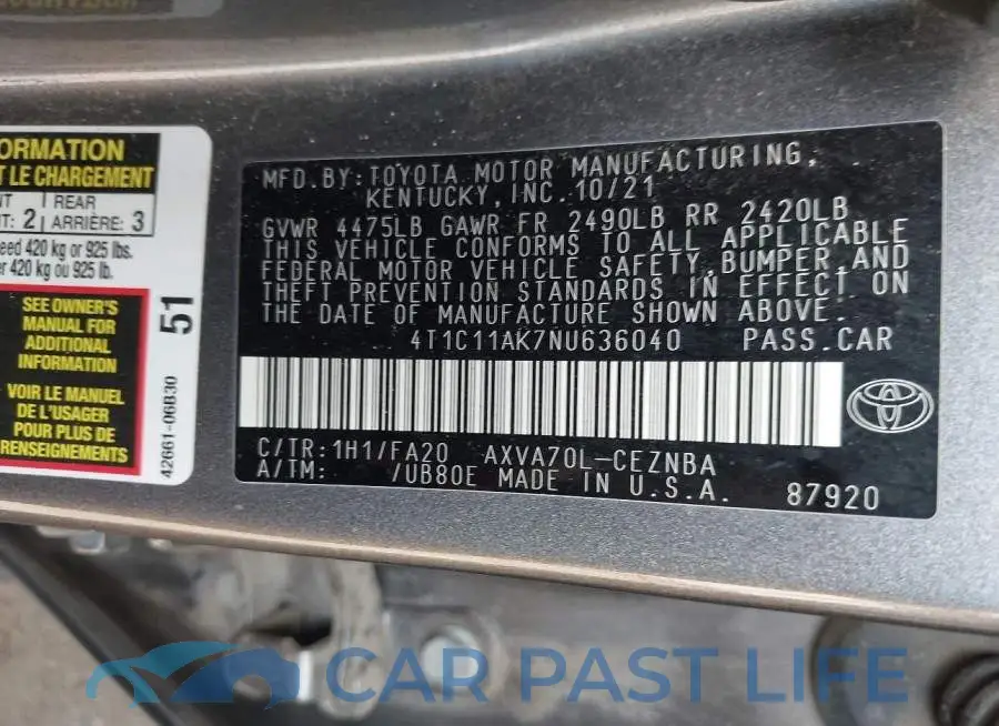 4T1C11AK7NU636040# 9