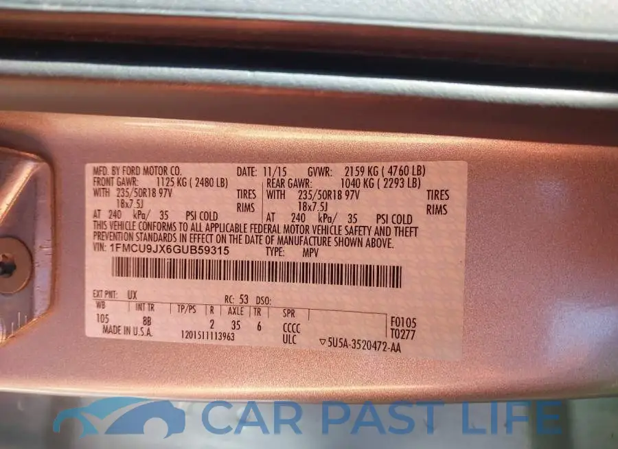 1FMCU9JX6GUB59315# 9