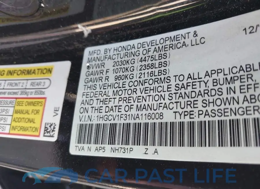 1HGCV1F31NA116008# 9