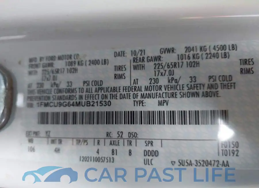 1FMCU9G64MUB21530# 9