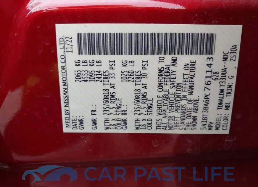 5N1BT3BA6PC761143# 9