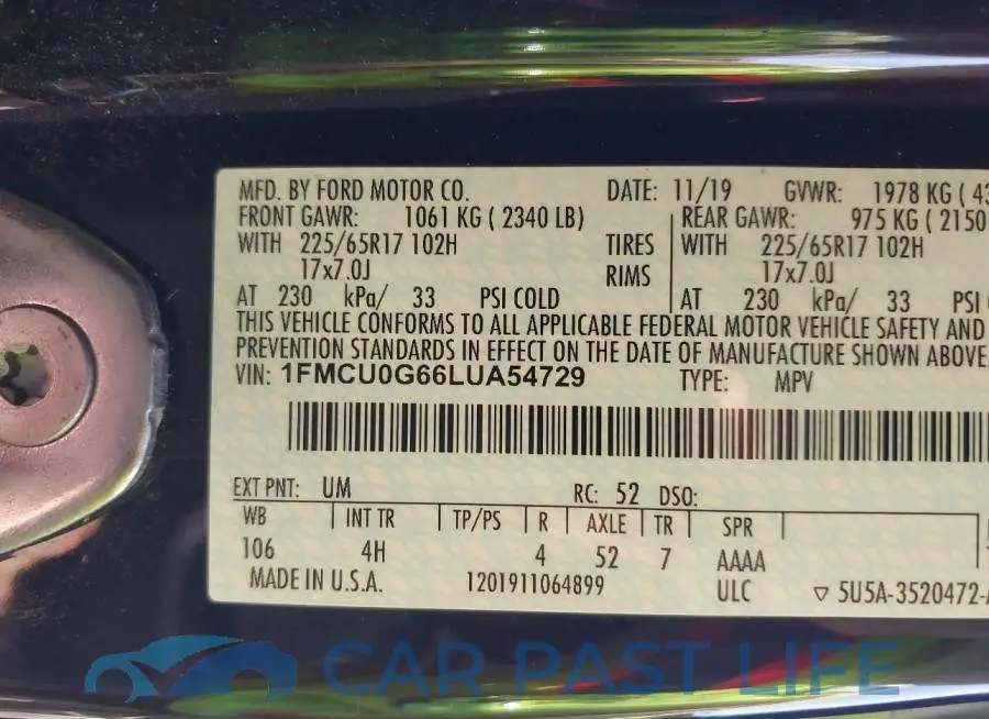 1FMCU0G66LUA54729# 9