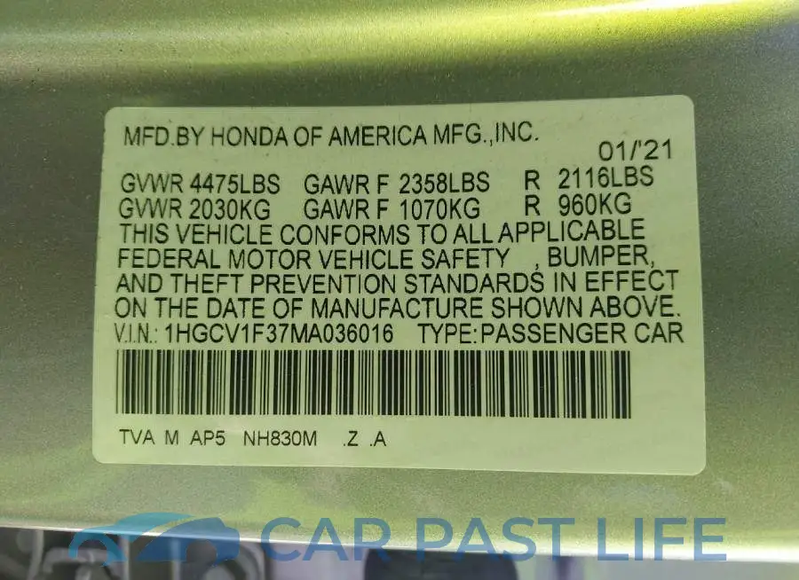 1HGCV1F37MA036016# 9