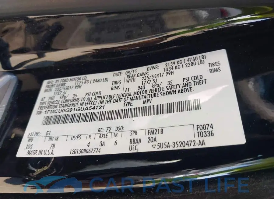 1FMCU0G91GUA54721# 9