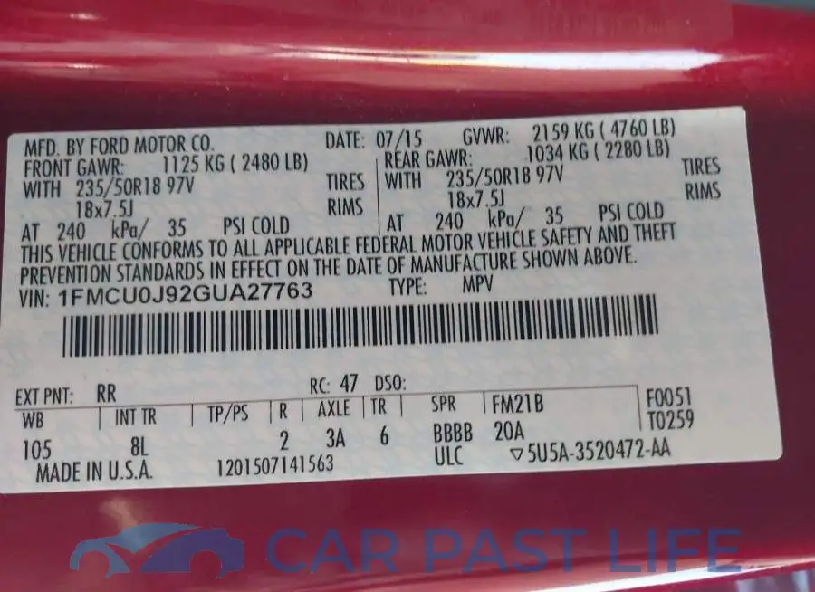 1FMCU0J92GUA27763# 9