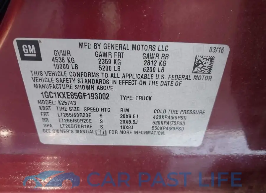 1GC1KXE85GF193002# 9