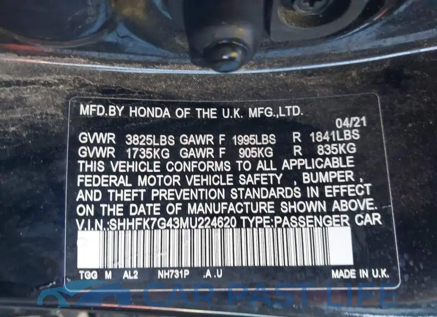 SHHFK7G43MU224620# 9