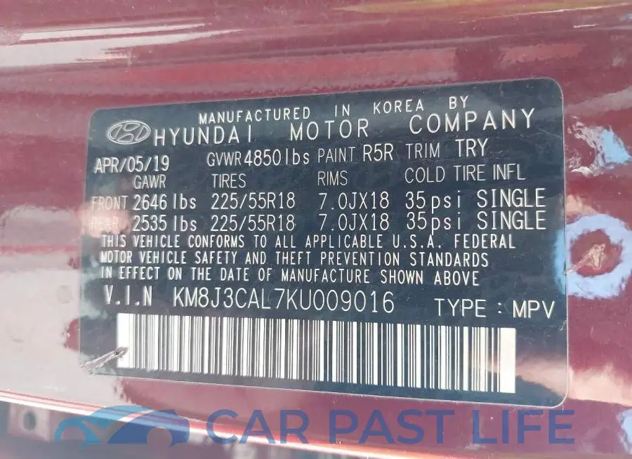 KM8J3CAL7KU009016# 9