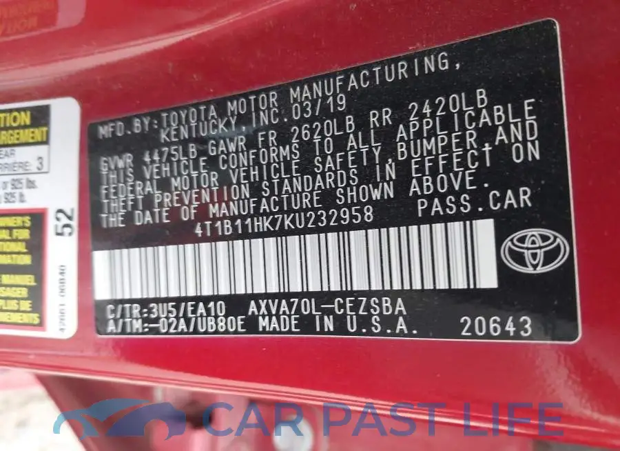 4T1B11HK7KU232958# 9
