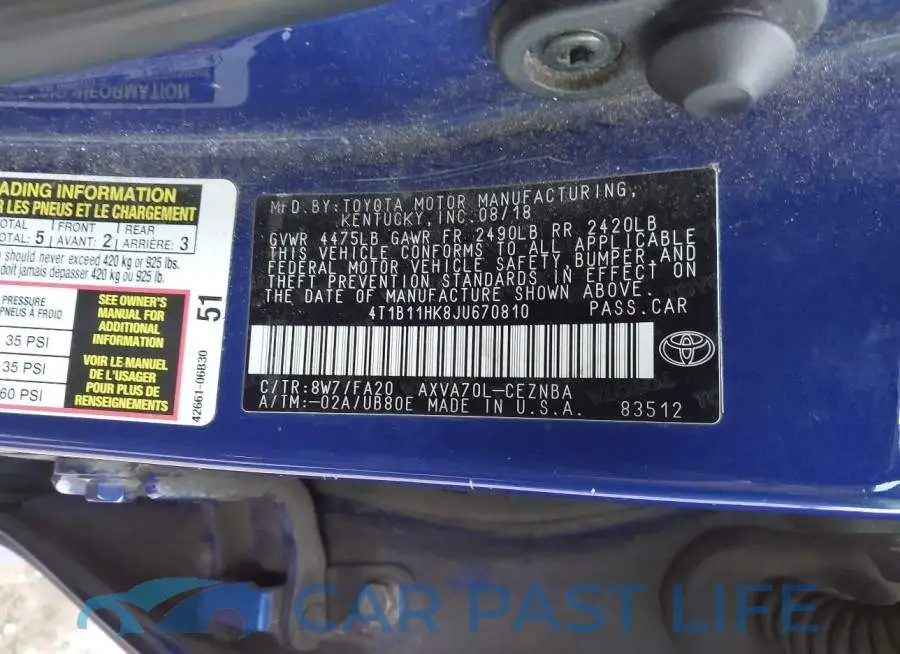 4T1B11HK8JU670810# 9